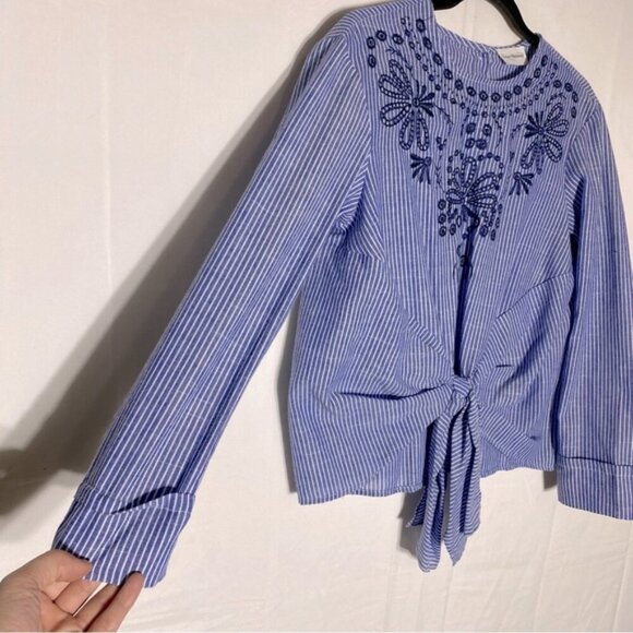 Love+Harmony Blue White Striped Cotton Embroidered Eyelet Tie Front Blouse S - Picture 7 of 14